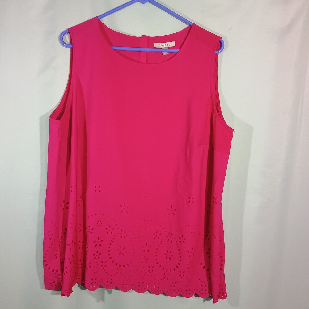 Women’s Hot Pink Sleeveless Blouse – Eyelet Cutout Scalloped Hem Top